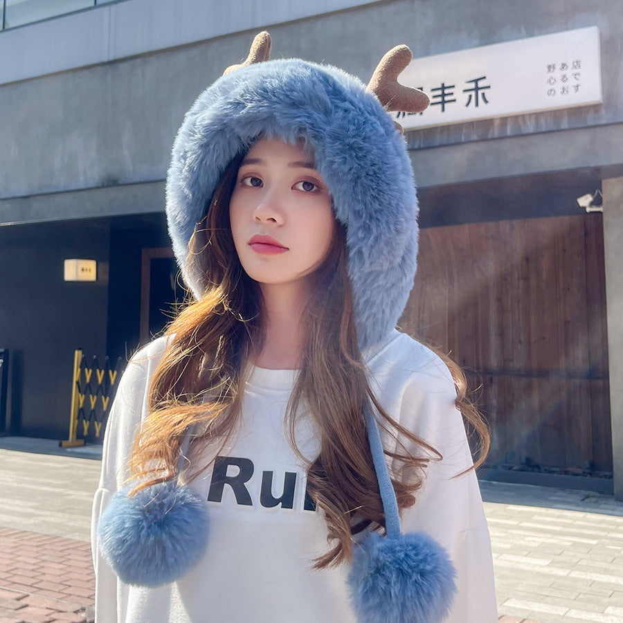 Cute Plush Antler Knitted Hat With Three Hair Balls
