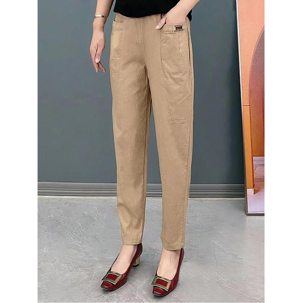 Women's Washed Cotton Summer Stretch Fashion Elastic Waist Cropped Pants