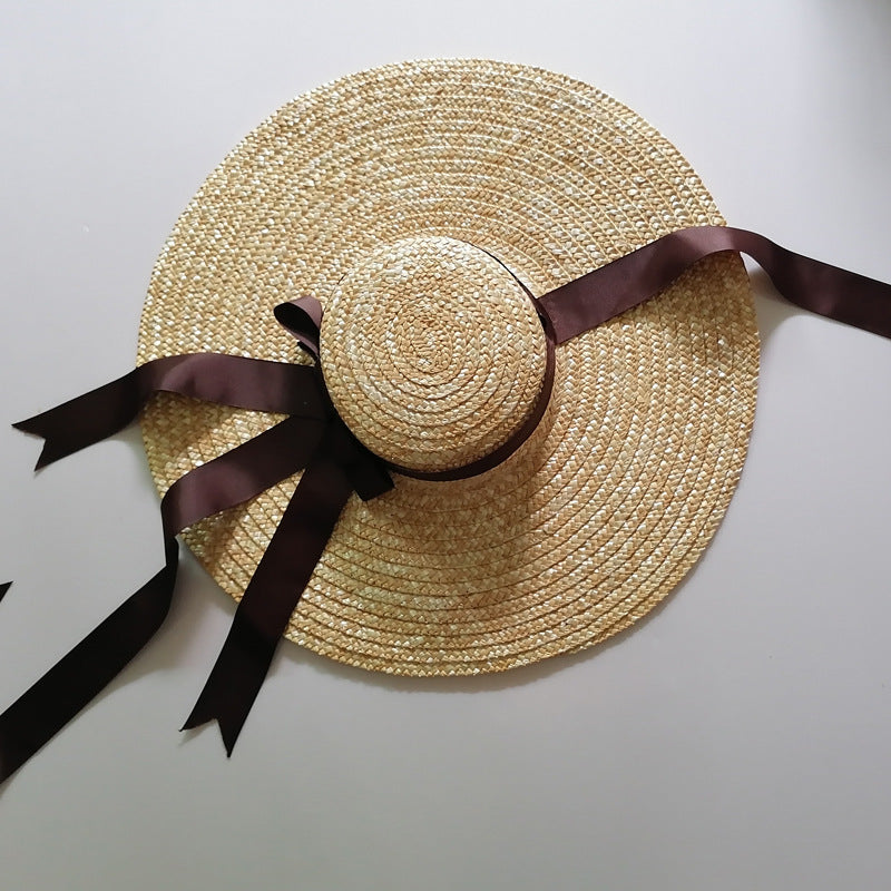 Big Brim Ribbon Bow Flat Top Straw Hat