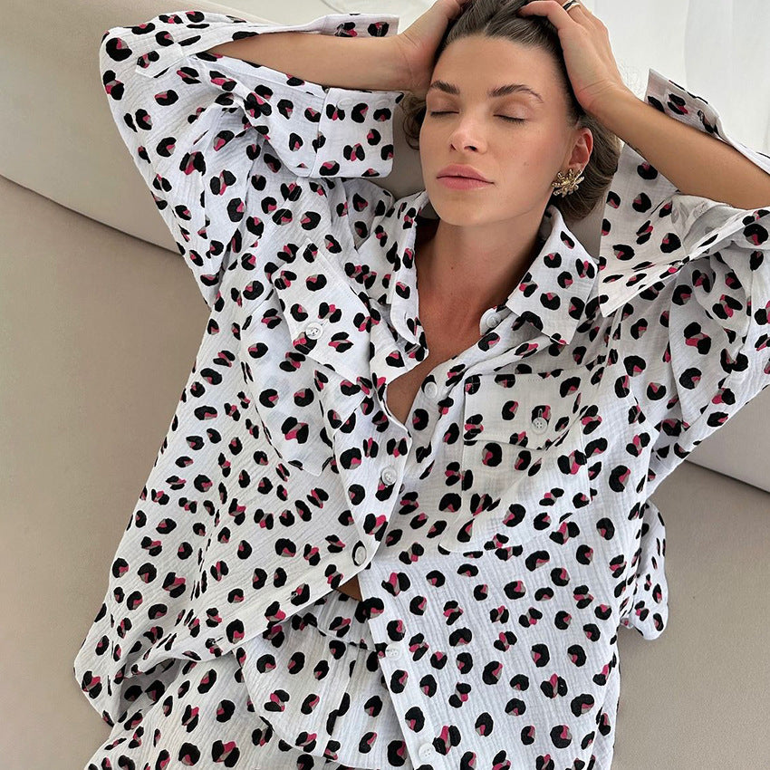 Cotton Printed Floral Cardigan Long-Sleeve Shorts Pajama Set