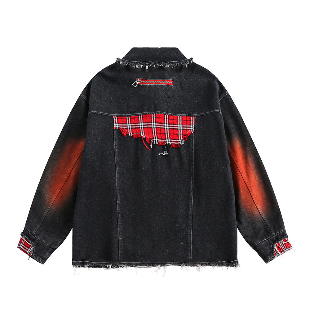 Color Matching Cat Raw-cut Edges Washed And Worn Loose Lapels Coat Fashion