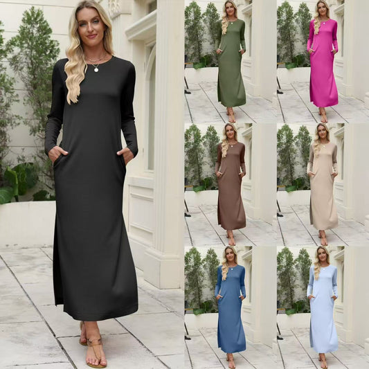 Women's Long-Sleeve Solid-Color Slit Maxi Dress
