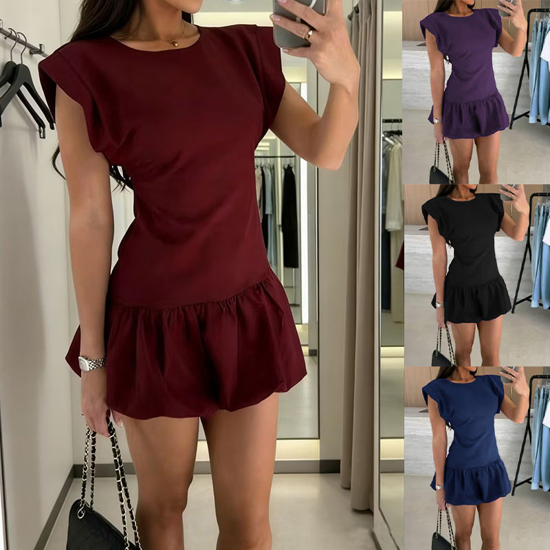 Womens Solid-Color Fashion Short-Sleeve Ruffle-Trim Dress