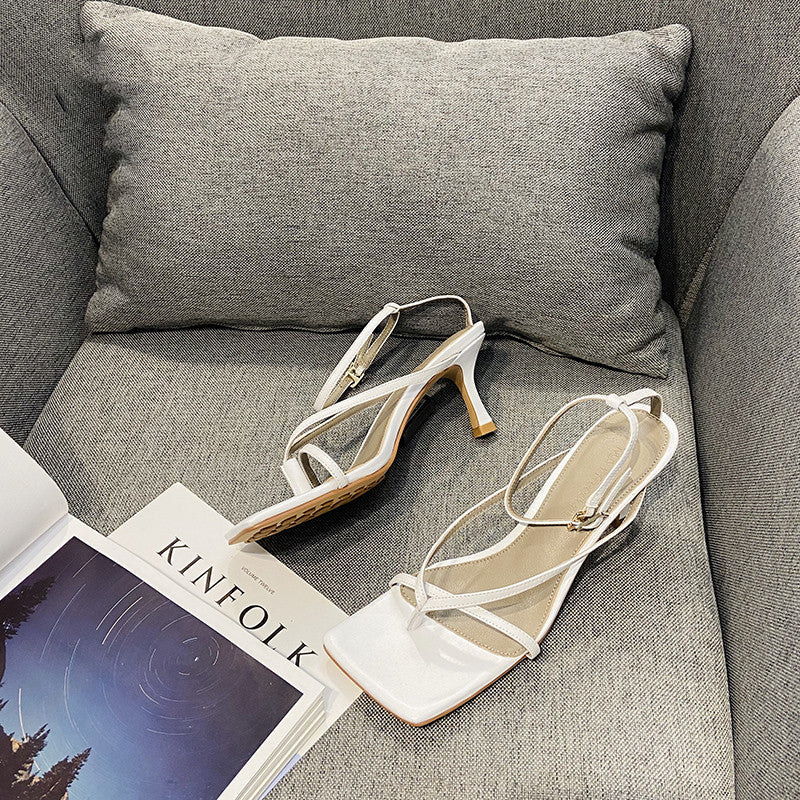 Square Toe High-heeled Sandals Female Fairy Style Ins Tide Net Red Stiletto High Heels White