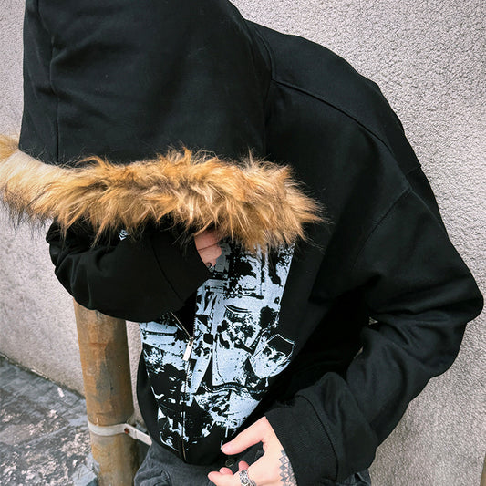 Printed Long Fur Collar Slim-fit Hood Zipper Cardigan Sweater Coat