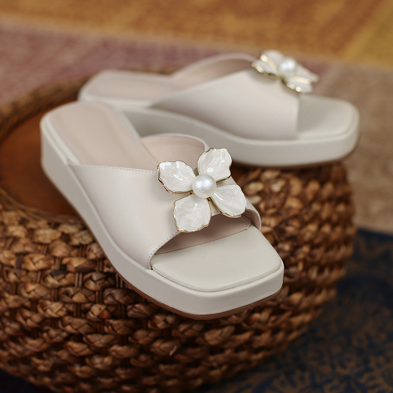 Summer Square Toe Mid-heel Sandals Thick-soled Three-dimensional Flower Women's Shoes
