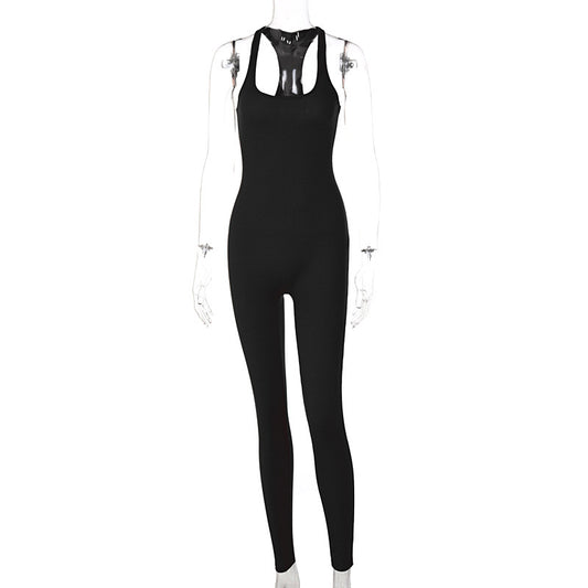 European And American Style Sleeveless Backless Waist Trimming Jumpsuit