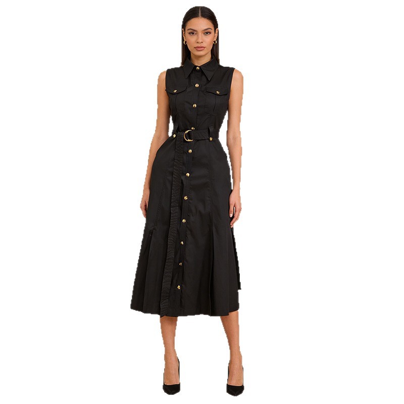 Fashionable Lapel Single-breasted Pocket-designed Sleeveless Maxi Dress