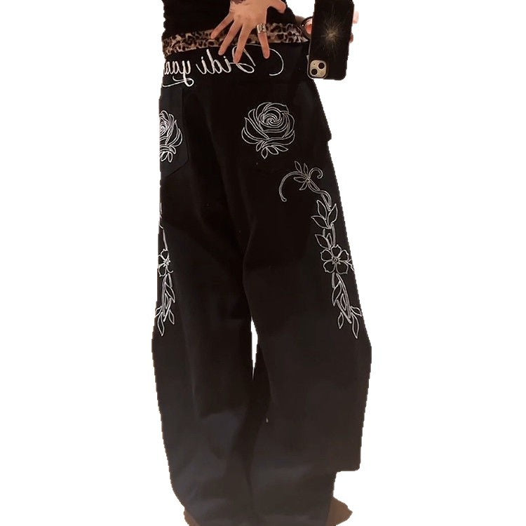 American-style High-street Tomboy Letter And Floral Embroidery Bootcut Jeans