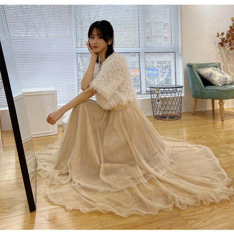 Womens Mesh High-waist Full-skirted Long Skirt