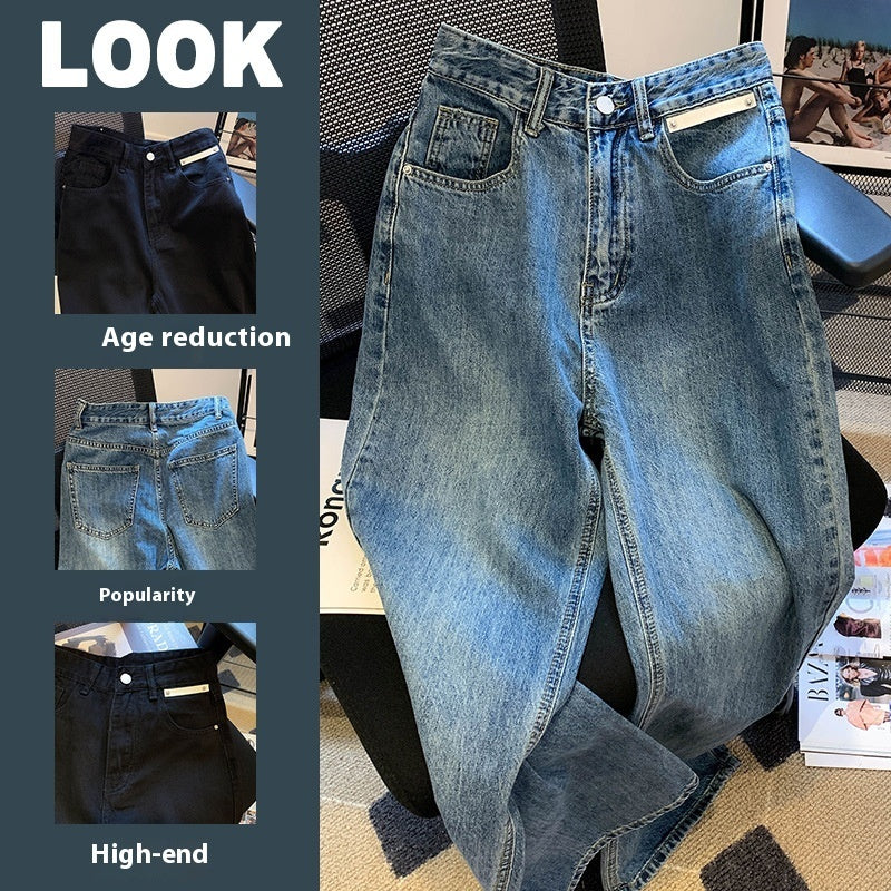 Dame højtaljede mopping-jeans løse vidde ben lige bukser