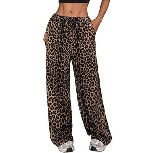Women's Casual Leopard Print High Waisted Wide-Leg Pants Elegant Drawstring Loose Long Trousers