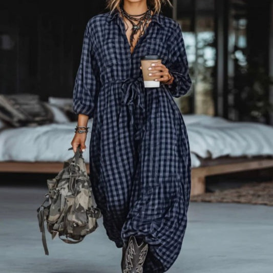 Japanese-style Retro Color-block Plaid Long-sleeve Dress