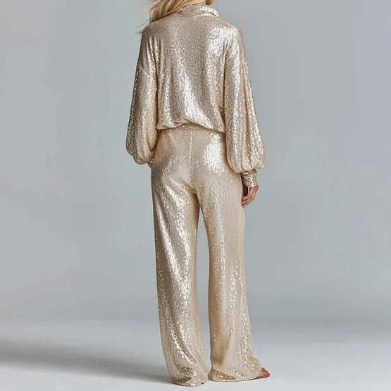 Party-Style Oversized Wide-Leg Champagne Gold Sequin Two-Piece Set
