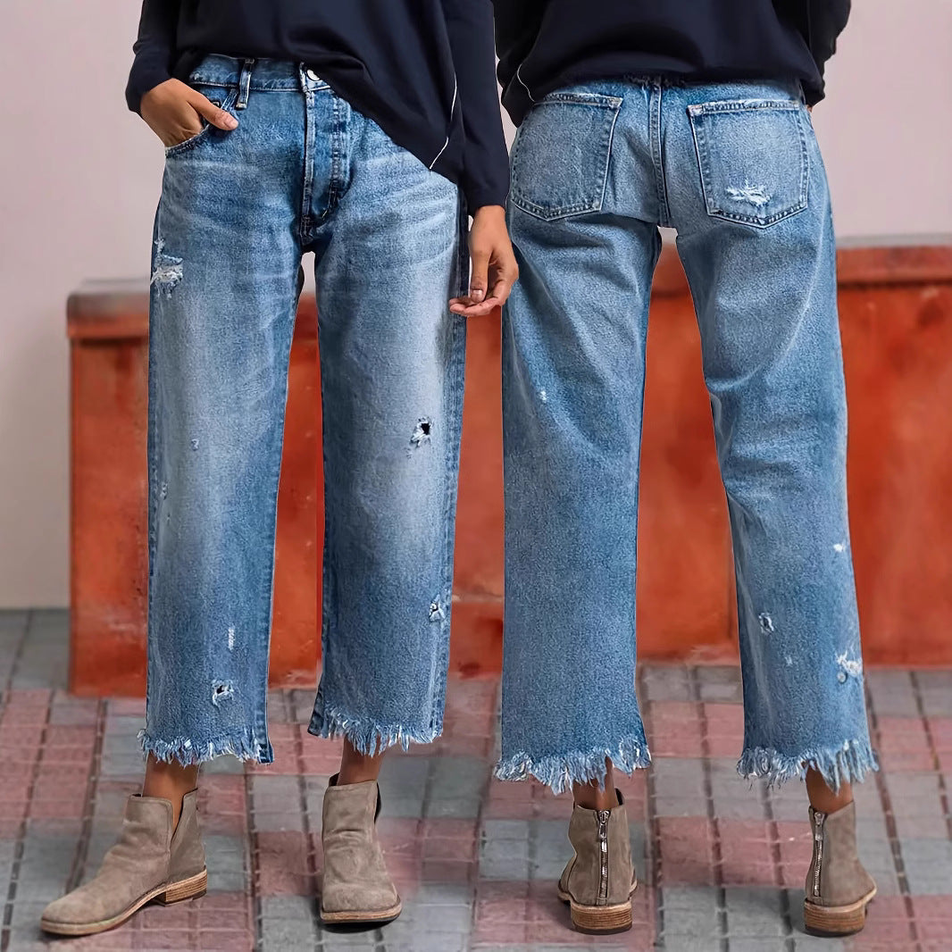 Women's Ripped Straight Stretch-free Jeans