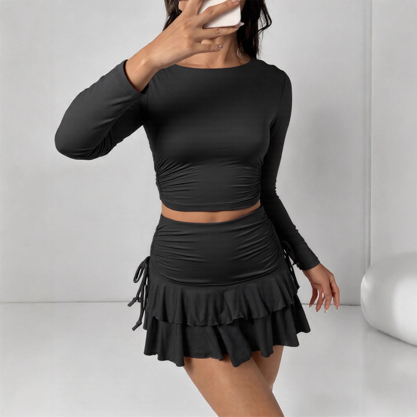 Slimming Ruched Bodycon Skirt And Long-Sleeve Top Two-Piece Set For Women