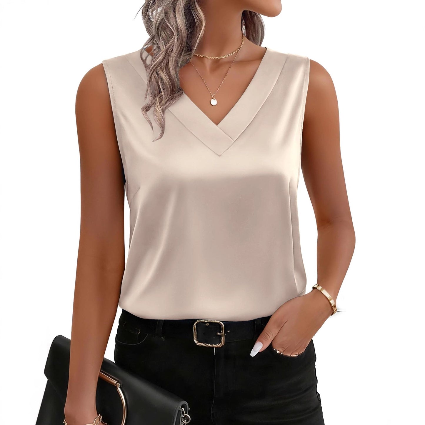 Womens Satin Camisole V-Neck Casual Sleeveless Blouse Top