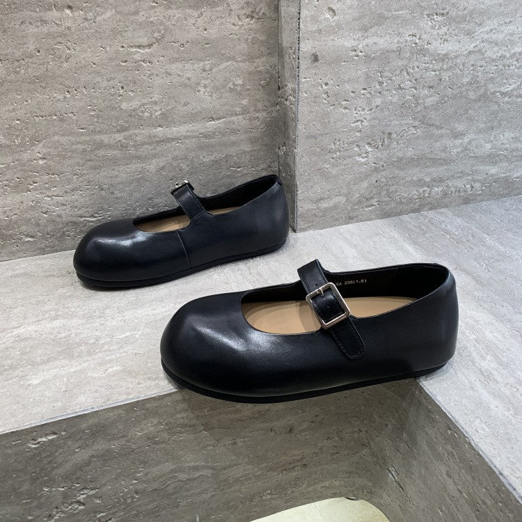 Genuine Leather Big Head Buckle Mary Jane Shoes Women