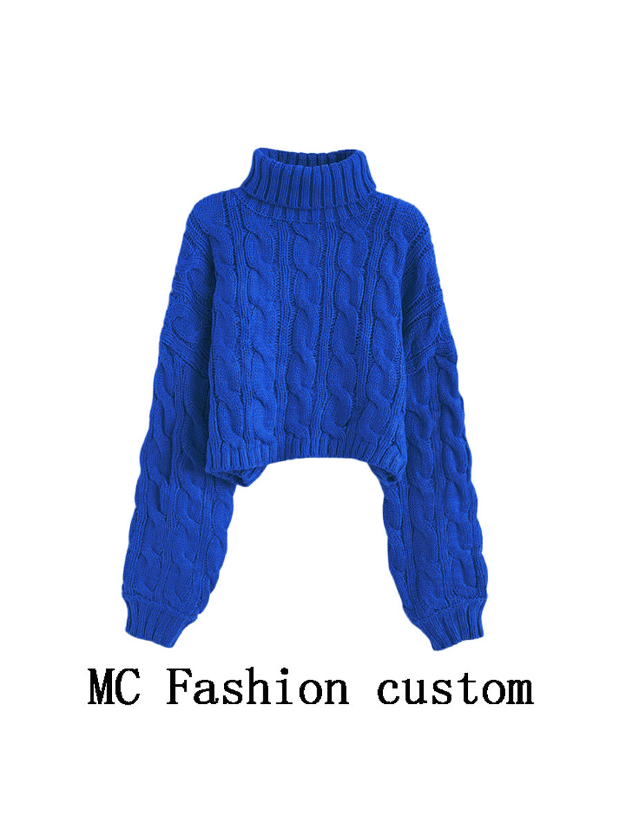 Turtleneck Pullover Short Cable-knit Sweater Women