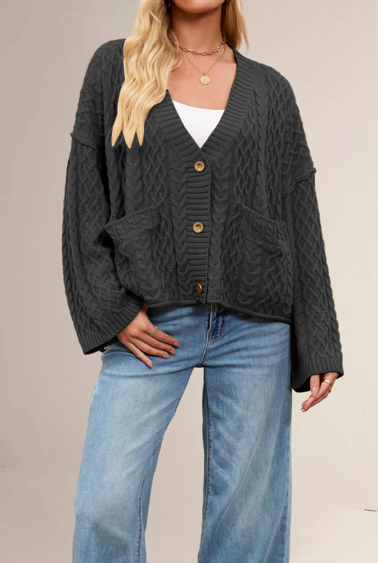 Women's Cable Loose-fitting Solid Color Knitted Cardigan