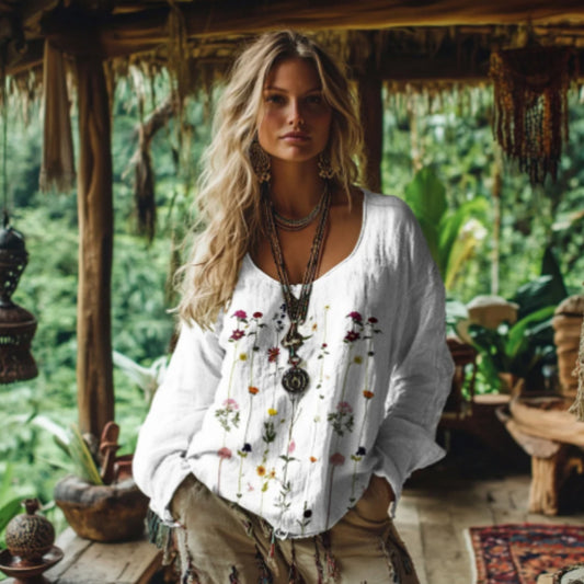 Women's Retro Bohemian Print Cotton And Linen Blend Loose Blouse