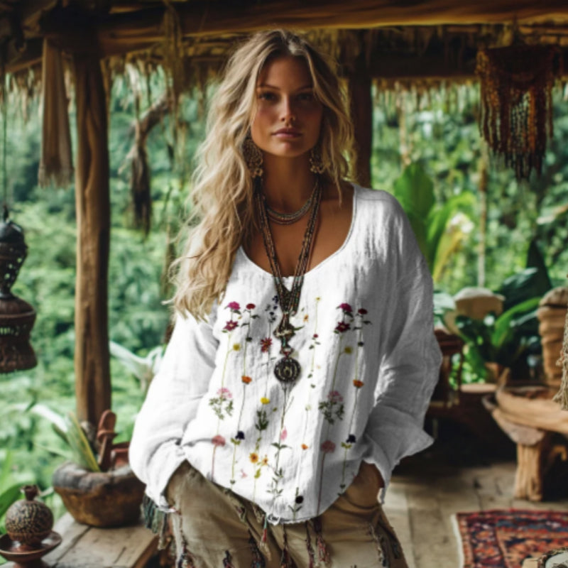 Women's Retro Bohemian Print Cotton And Linen Blend Loose Blouse