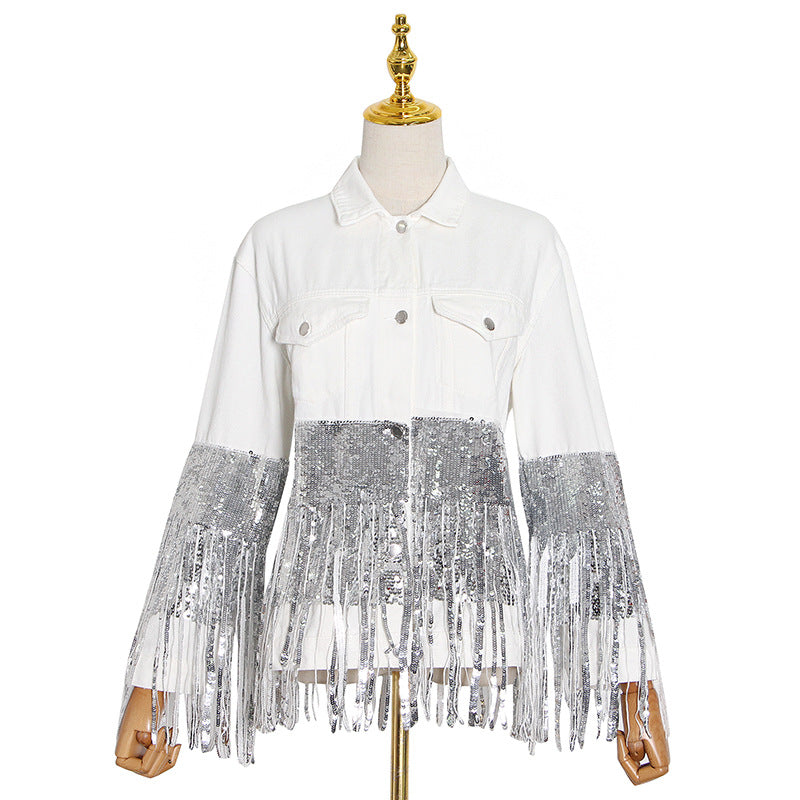 Lapel Pocket Heavy Industry Sequins Tassel  Loose Ripped Denim Jacket Women