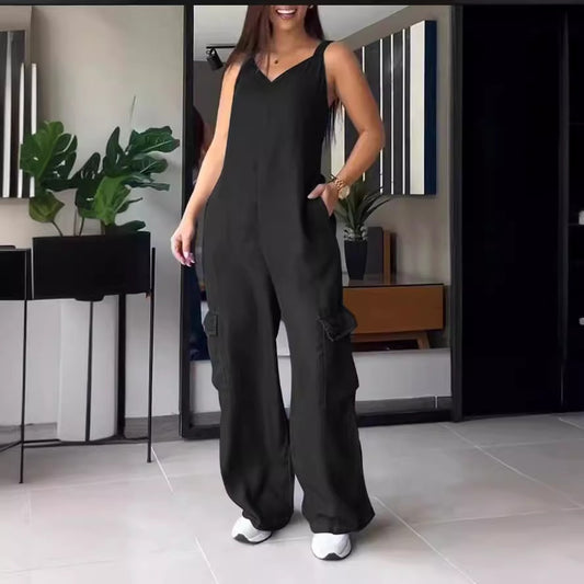 Europæiske og amerikanske tynde jeans med lomme og V-hals-jumpsuit