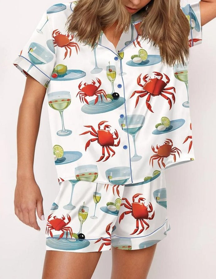 Fashionable Long-sleeve Printed Lapel Loungewear Pajamas
