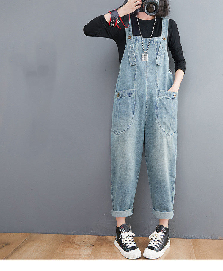 Kvinders litterære og kunstneriske denim-overalls, retro, plus size, løse