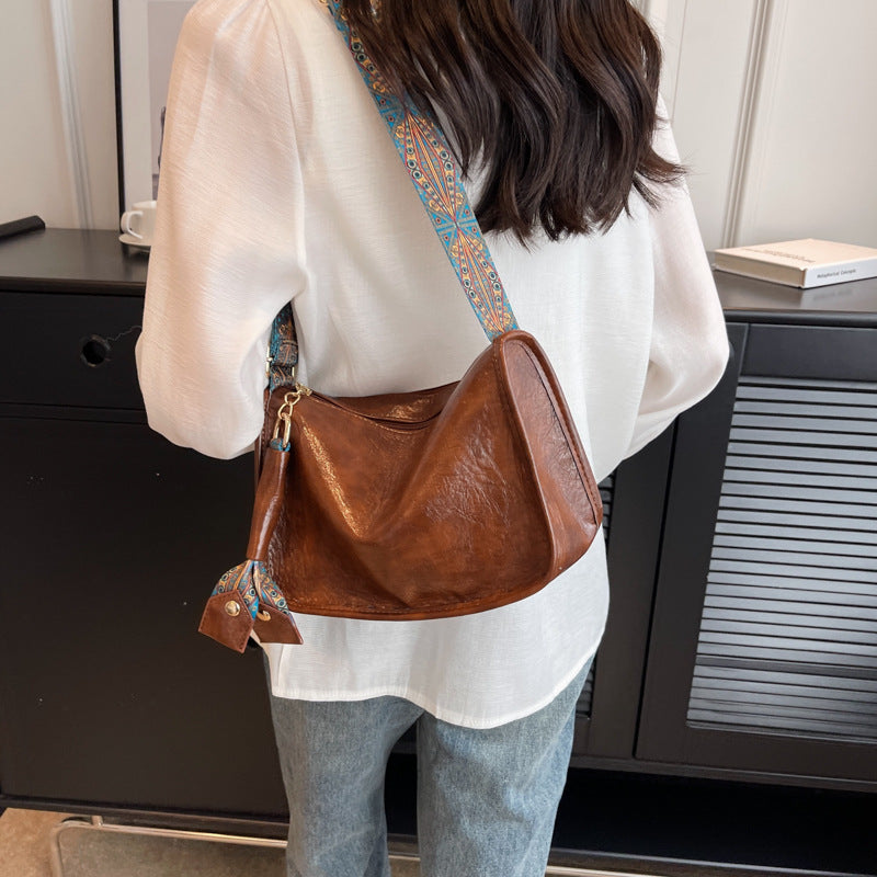 Casual Single Shoulder Solid Color Large Capacity Wide Shoulder Strap Bag