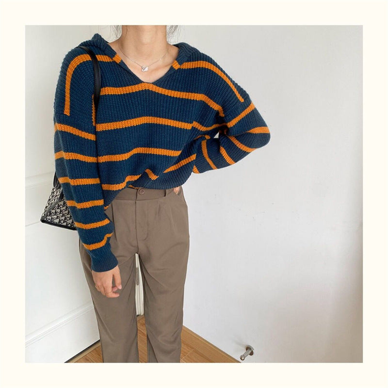 Sailor Collar Western Style Striped Loose Long Sleeve Top Women