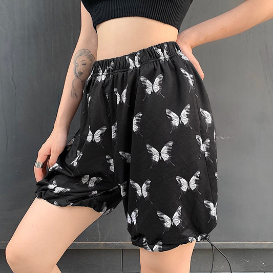 Butterfly print drawstring high waist shorts