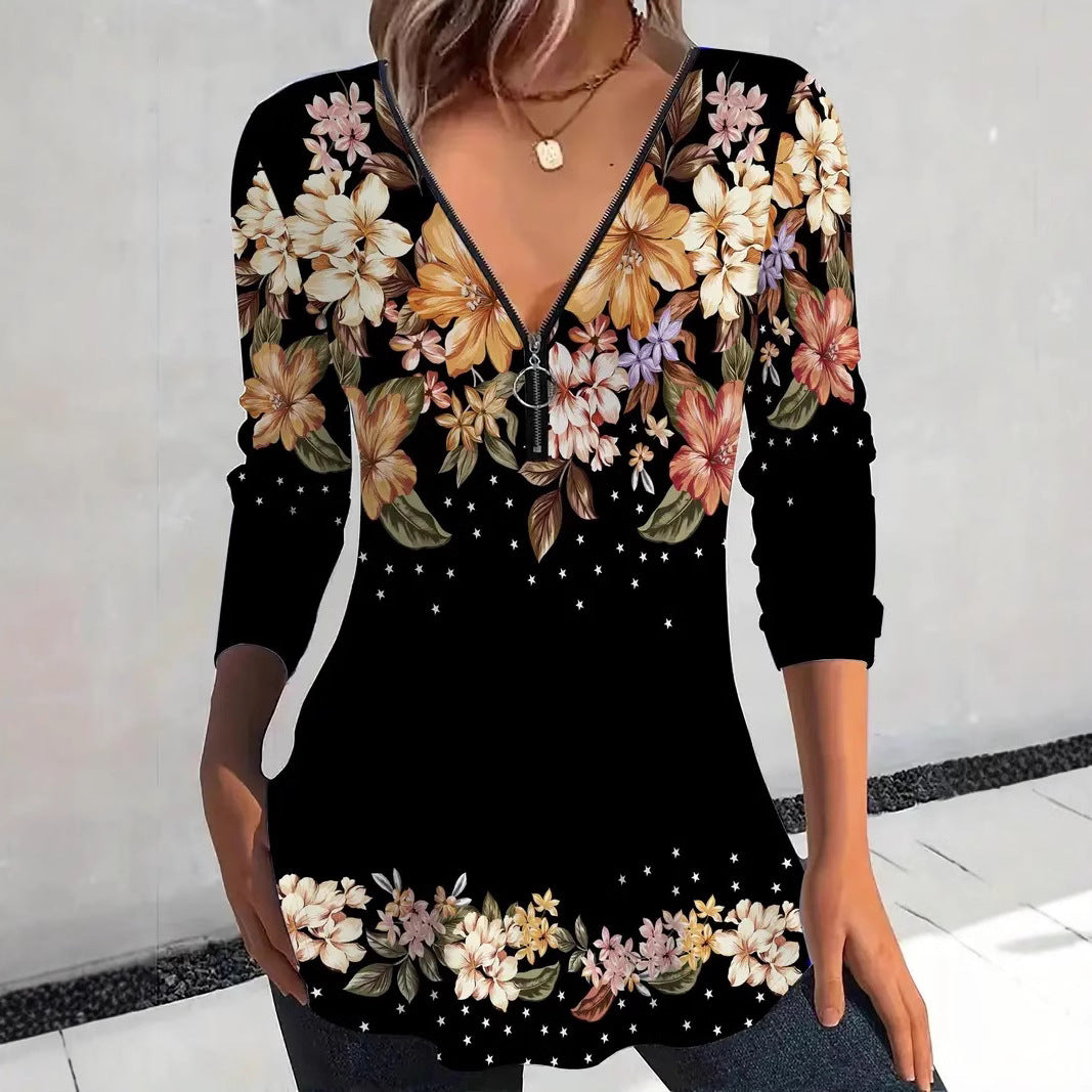 V-neck Zipper Floral Print Long Sleeve Women's Top