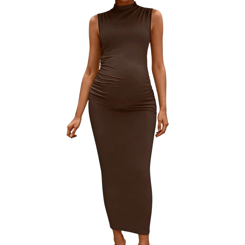 Solid-color Tight-fitting Sleeveless Turtleneck Dress