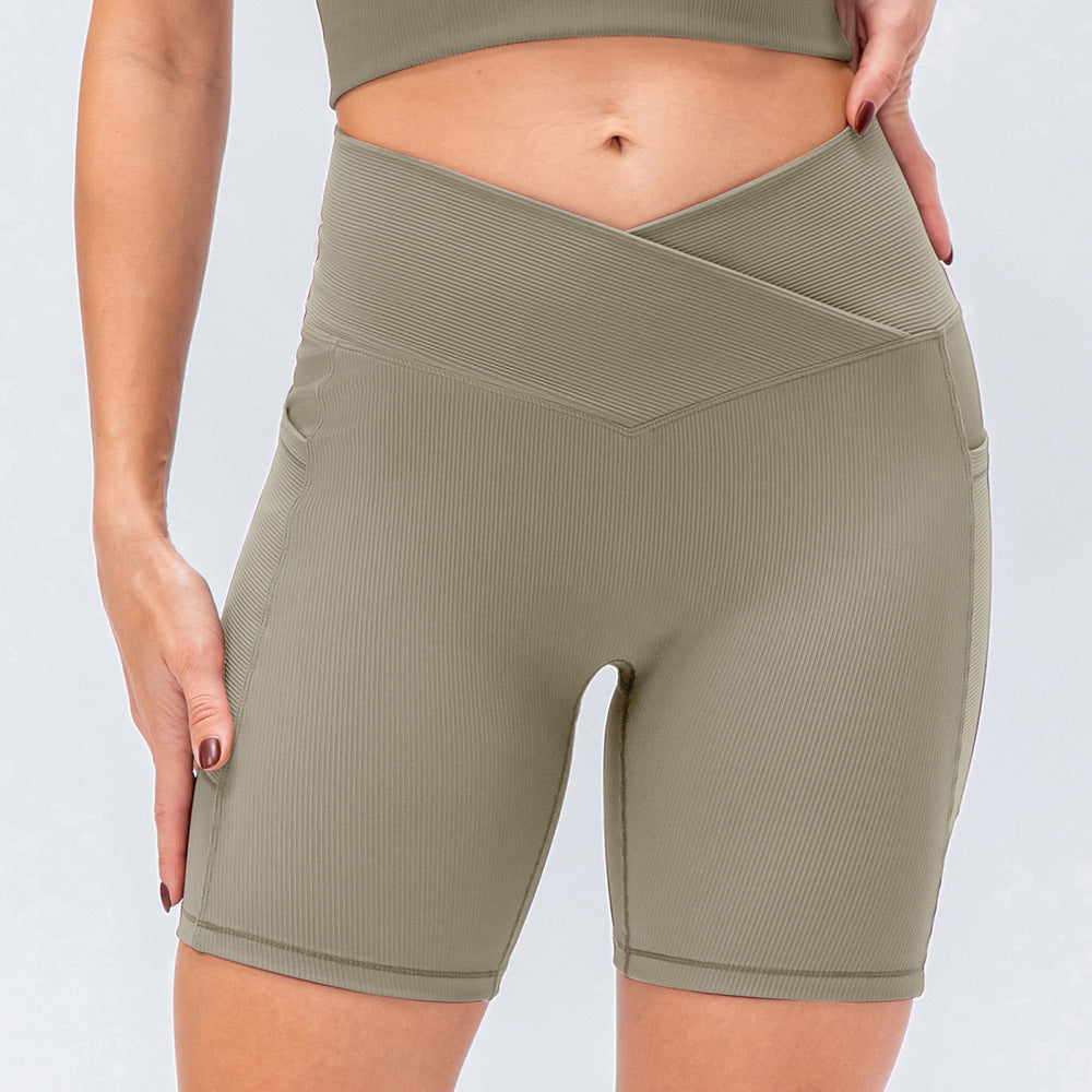 New Women's Yoga Shorts Cross Waist Slim Fit Fitness Pants Pockets High Waist Hip Lift Running Exercise Shorts