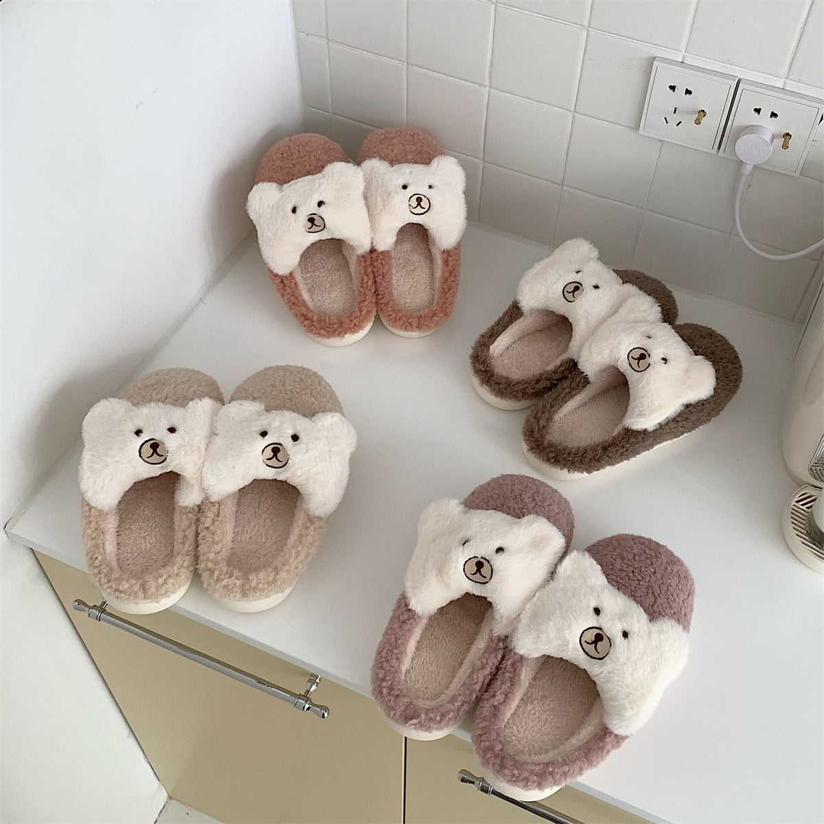 Cute Bear Plush Shoes Women's Warm Cotton Slippers
