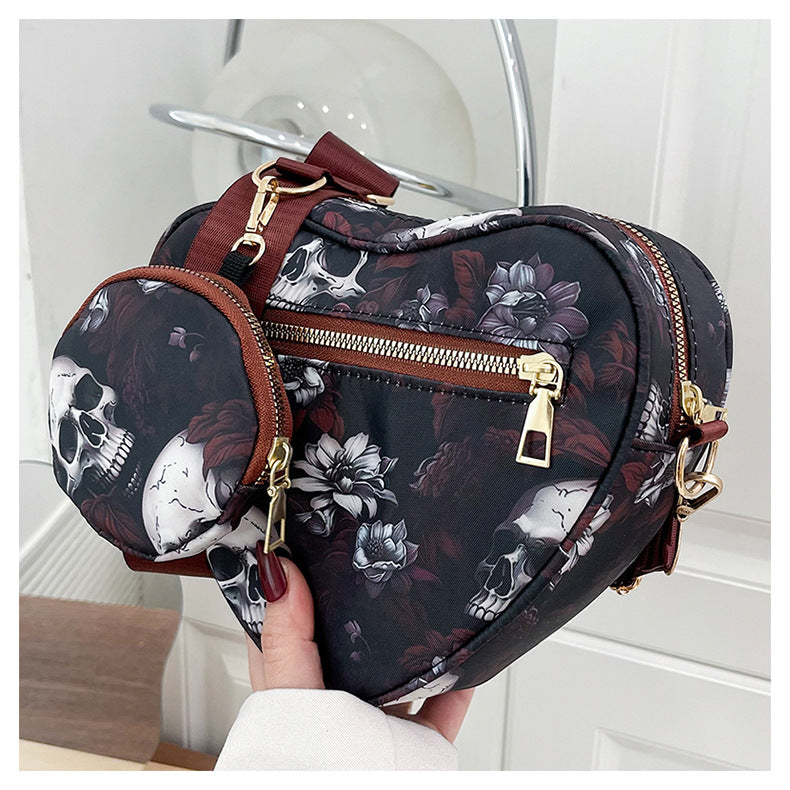 Skull Flower Printed Waterproof Oxford Cloth Large Capacity Versatile Shoulder Bag Detachable Coin Purse