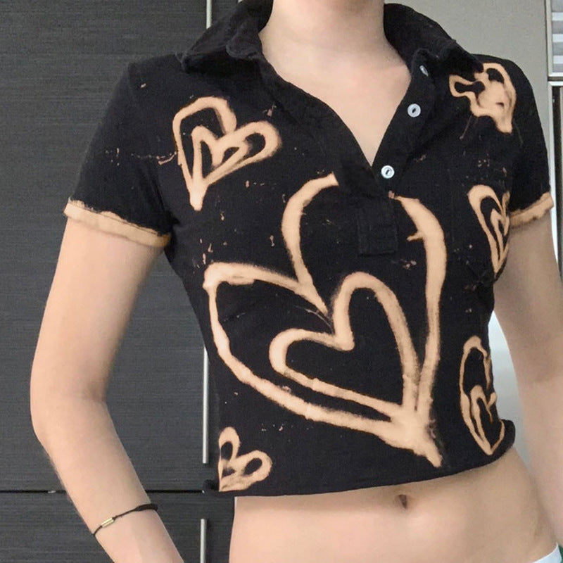 Vintage Fashion Hjerteprint Kortærmet T-shirt Med Reverskrave Streetwear Croptop