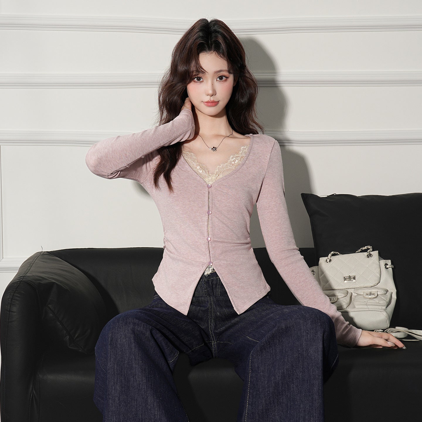 Women's Fake Two-piece V-neck Long-sleeved Top