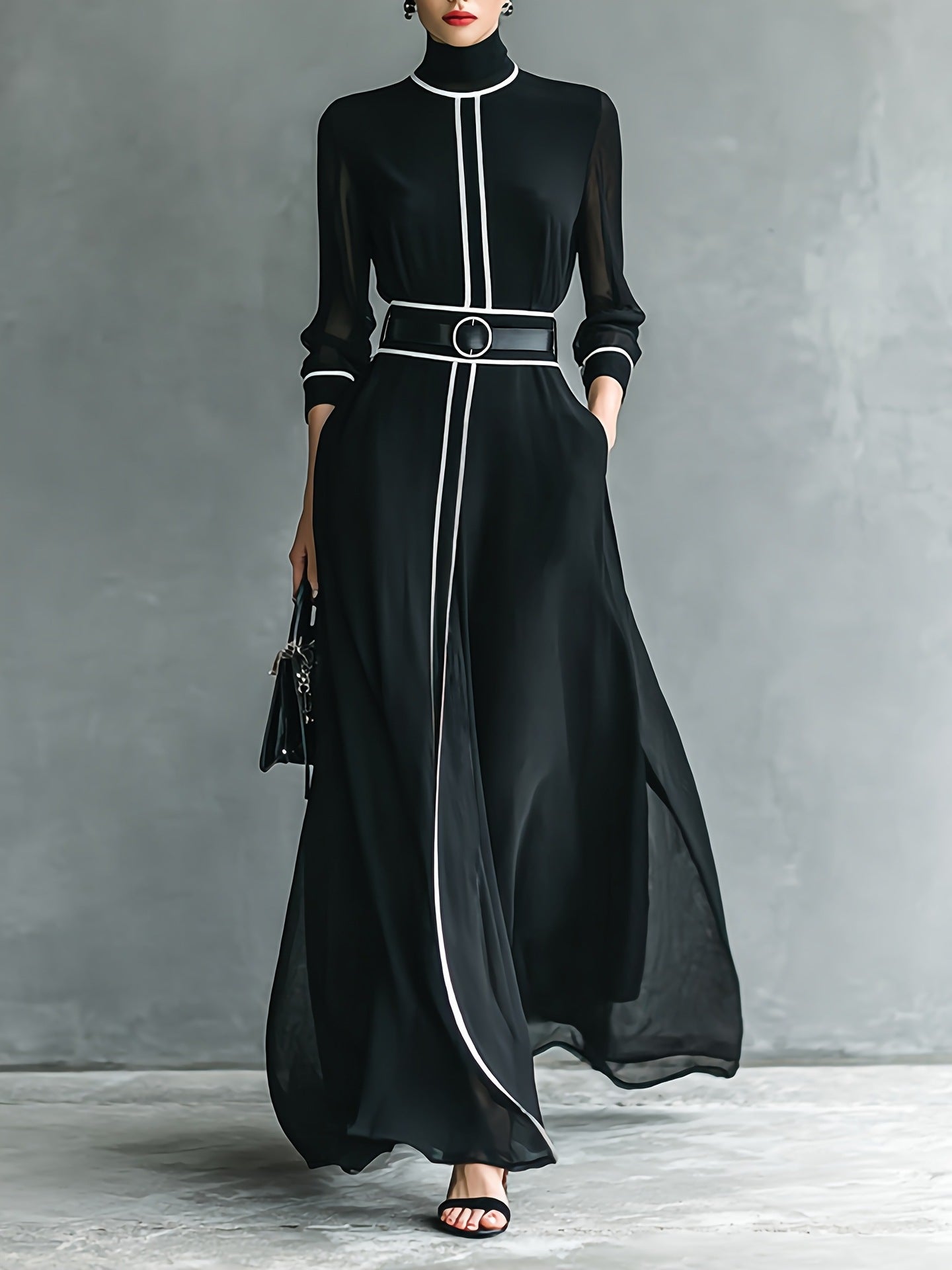 Elegant Contrast-color Dress With A High Neck And A Long Chiffon Design