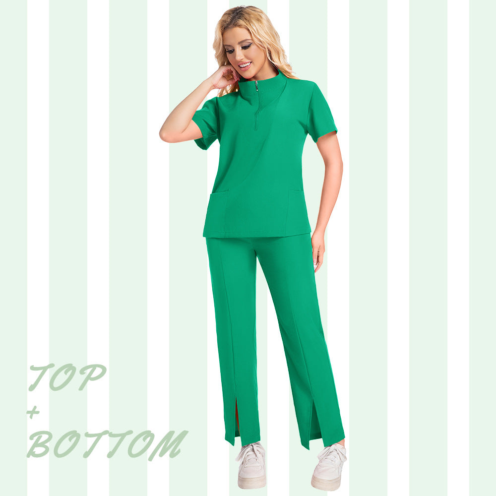 New Summer Casual Stand Up Collar Zipper Short Sleeved Surgical Gown
