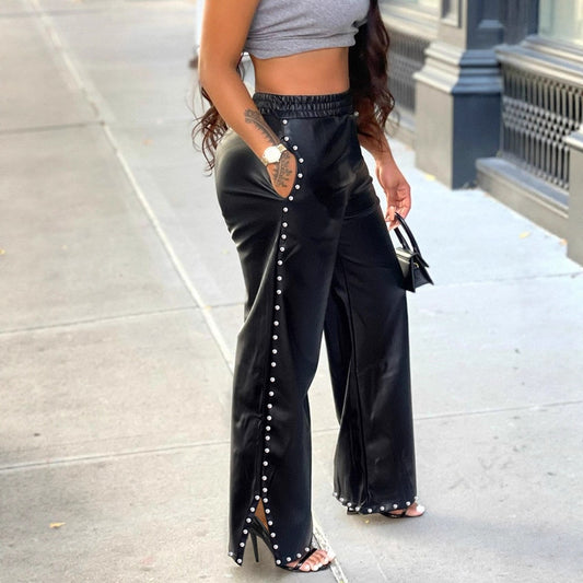 Solid Color Rhinestone Pocket Casual Loose Wide Leg Pants PU Leather Pants