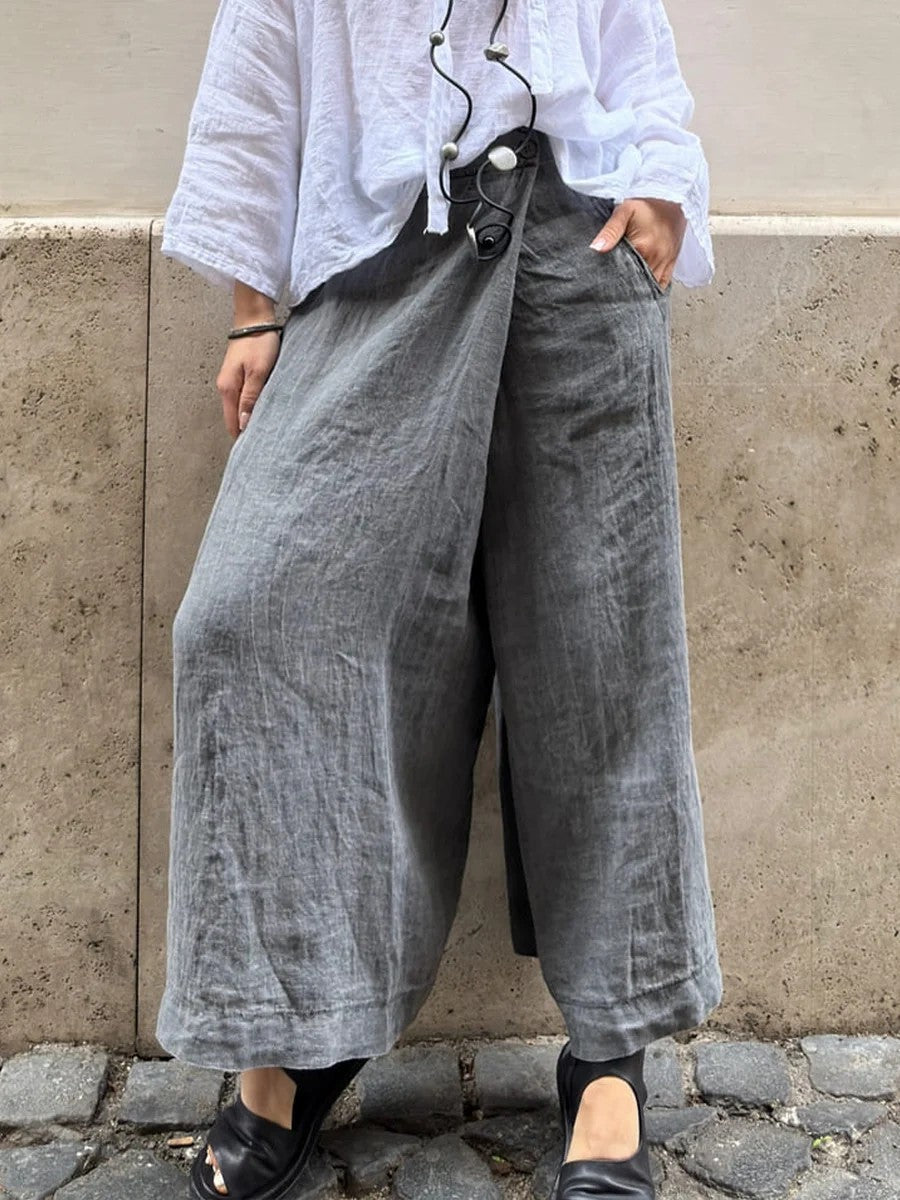 Cotton And Linen Loose Button Wide-leg Pants