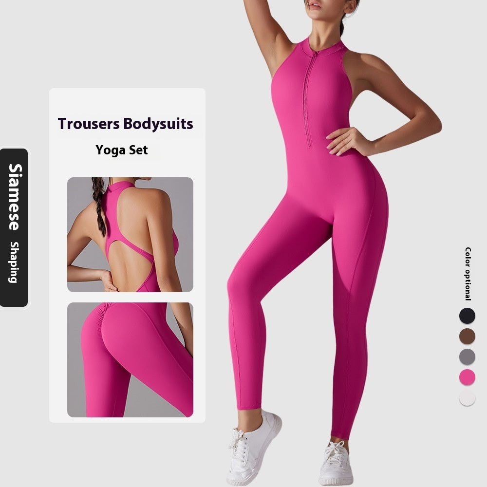 Solid Color Nude Feel High Strength Tight Sports Back Shaping Long Jumpsuit