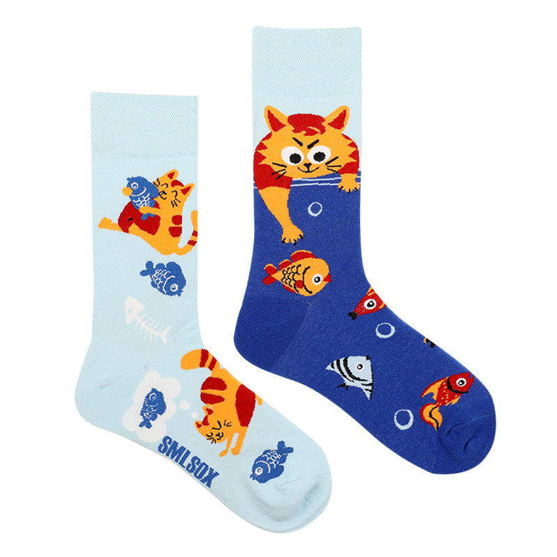 Asymmetrical Color Retro Personality Male And Female Couple Mid-length Cotton Socks