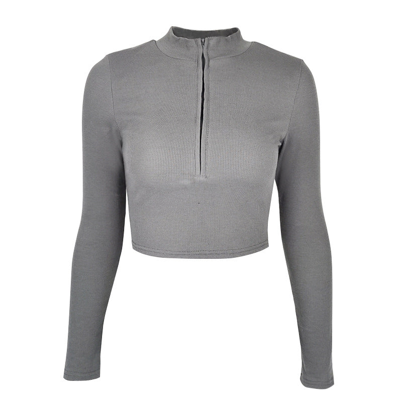 Women's Casual Solid Color Zipper Crop Slim Fit Top