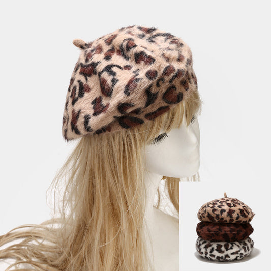 Rabbit Fur Beret Print Leopard Painter Hat Warm Bud