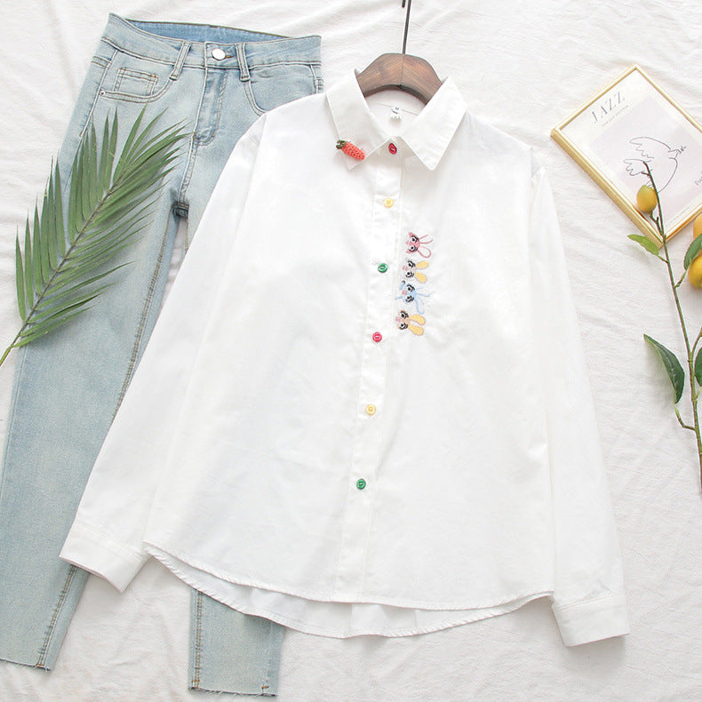 Women's Embroidered Rabbit Radish Shirt With Placket