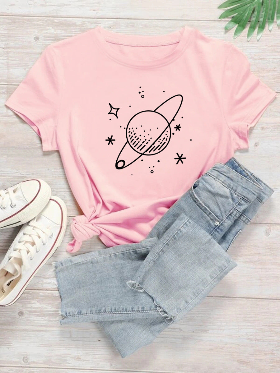 Dame alsidig T-shirt med planetprint, afslappet, løs pasform, korte ærmer